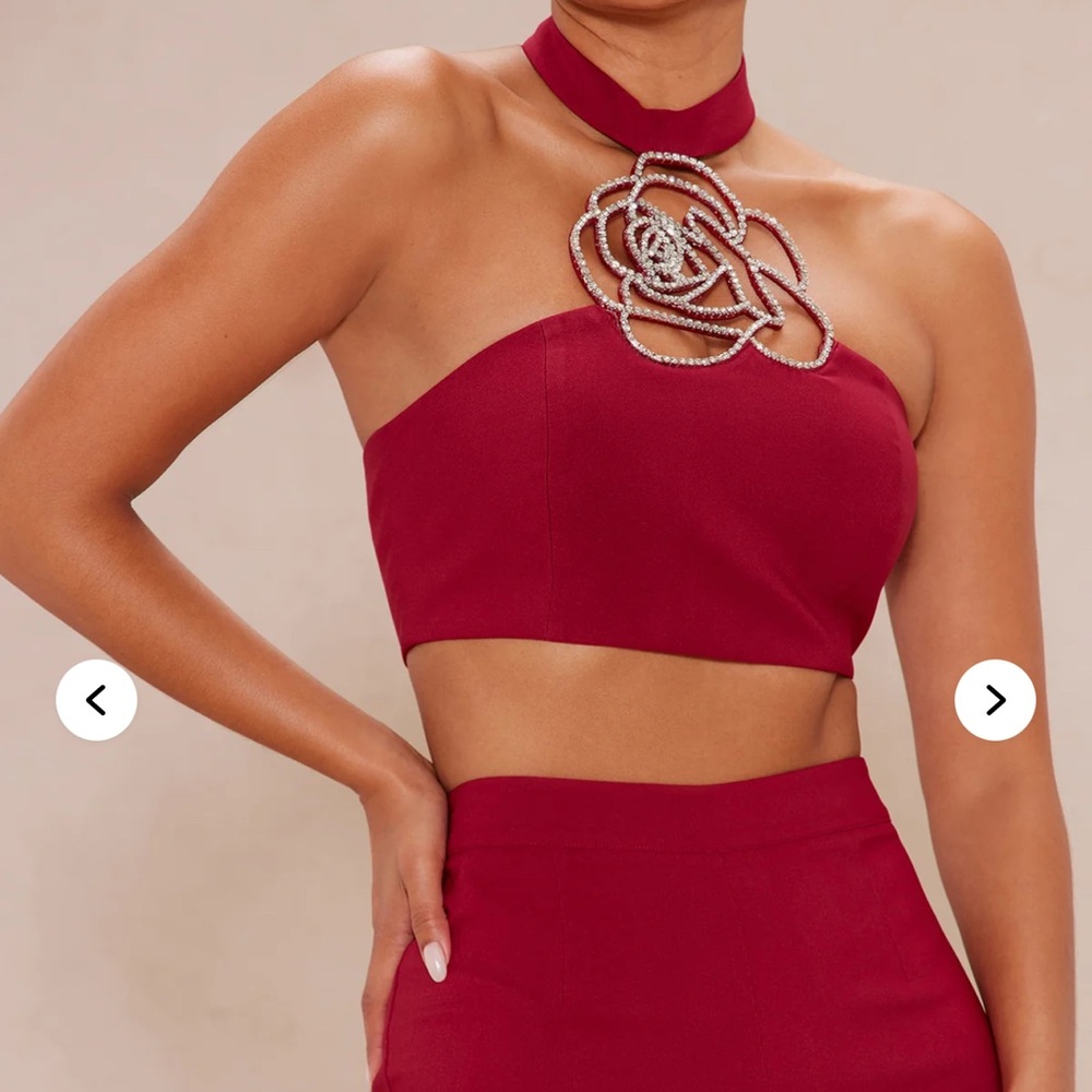 Elegant Red Halter Top and Pant Set with Floral Embellishment